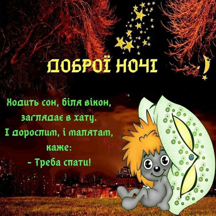 ДОБРОЇ НОЧІ!
Ходить сон, біля вікон, заглядає в хату.
I дорослим, і малятам,
каже:
- Треба спати!